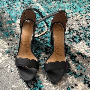 Sam Edelman Black Scallop-Edge Ankle Strap Heels